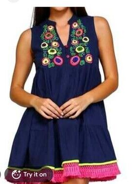 Velzera Blue Cotton Embroidered Beaded Boho Tunic Babydoll Dress 2XL NWT *Flaw
